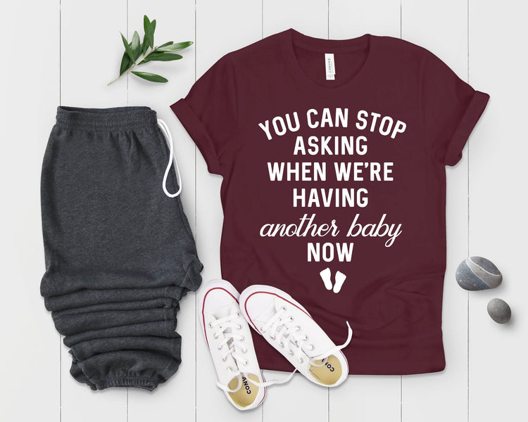 You Can Stop Asking When We're Having Another Baby Now Future Mom Baby Bump Shirt - Teegarb