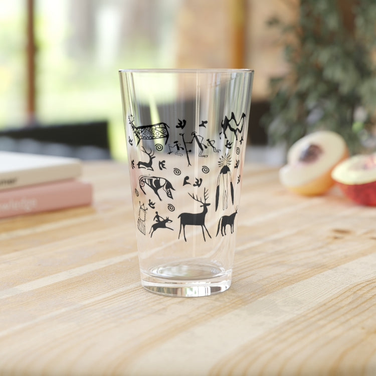 Beer Glass Pint 16oz Humorous Pictograph Carving Engravings Mimbres Enthusiast Novelty Drawing