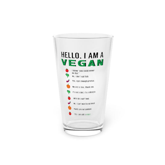 Beer Glass Pint 16oz  Hello I'm A Vegan Green Leafy Vegetable Lovers Healthy Lifestyle