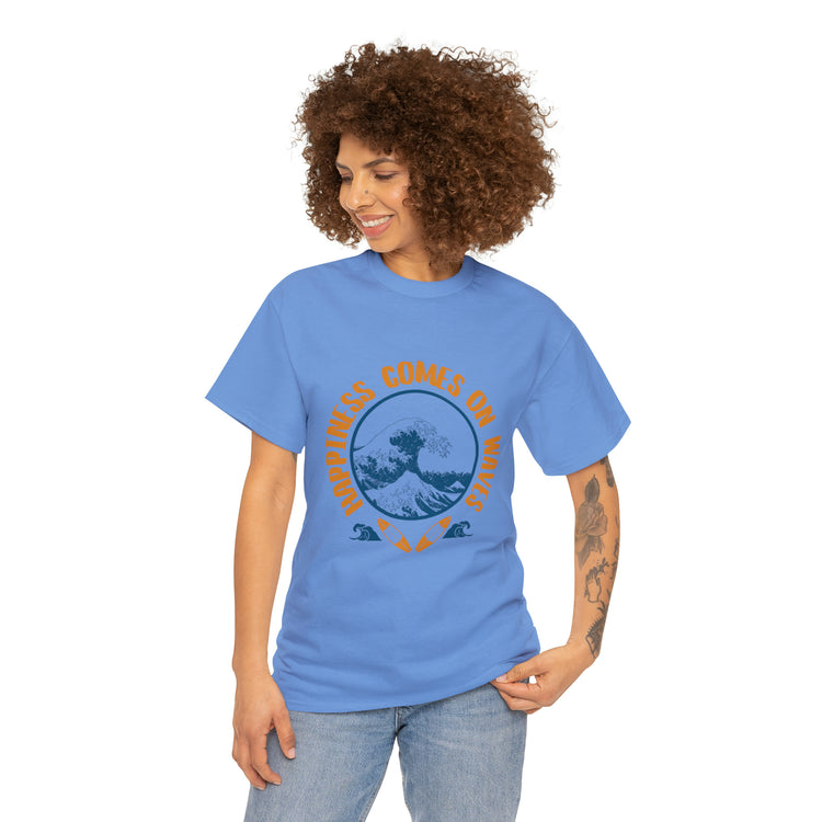 Shirt Happiness Comes On Waves Tropical Vacation Summer Beach Coastal Graphic T-Shirt Gift Unisex Heavy Cotton Tee