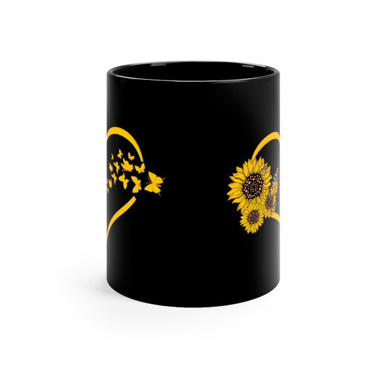 11oz Black Coffee Mug Ceramic   Hilarious Sunflower Heart Butterflies Bohemian Enthusiast Humorous Hippy Flower Environment Biodiversity