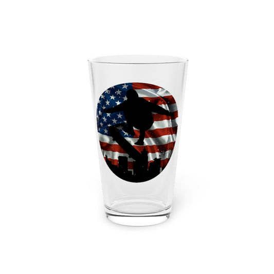 Beer Glass Pint 16oz  Patriotic Usa Flag American Skateboarding Leisure Fan Extreme