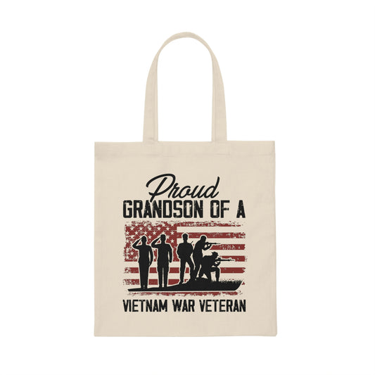 Humorous Pride Grandson Of A Vietnam Veteran Enthusiast Novelty Nationalistic Patriotic Soldier Cavalryman Canvas Tote Bag