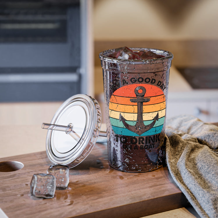 16oz Plastic Cup Humorous Its A Nice Day To Drink On A Boat Kayaking Graphic Retro Boating Paddlers Doggies