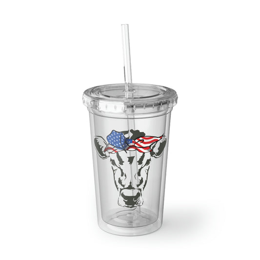 16oz Plastic Cup Humorous Cow Bandana Illustration Pun Mockeries Hilarious USA Flag