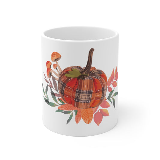 White Ceramic Mug  Inspirational Pumpkin Thanksgivings Illustration Funny  Motivational Plaided Squashes Graphic Saying Pun